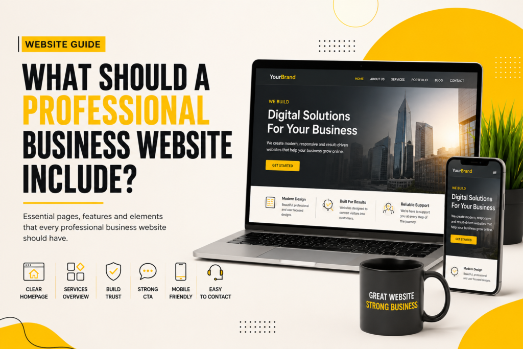 Professional business website design showing essential website pages, features, mobile-friendly design and clear calls to action