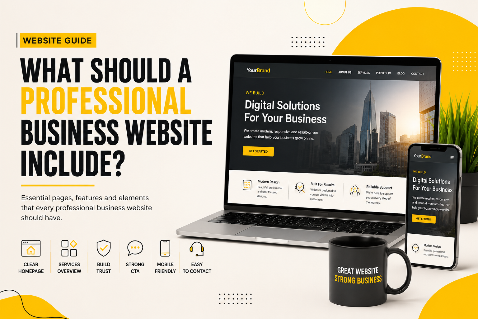 Professional business website design showing essential website pages, features, mobile-friendly design and clear calls to action